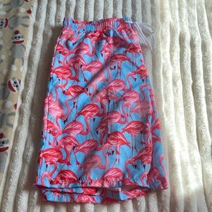 shein, pink and blue flamingo swim trunks